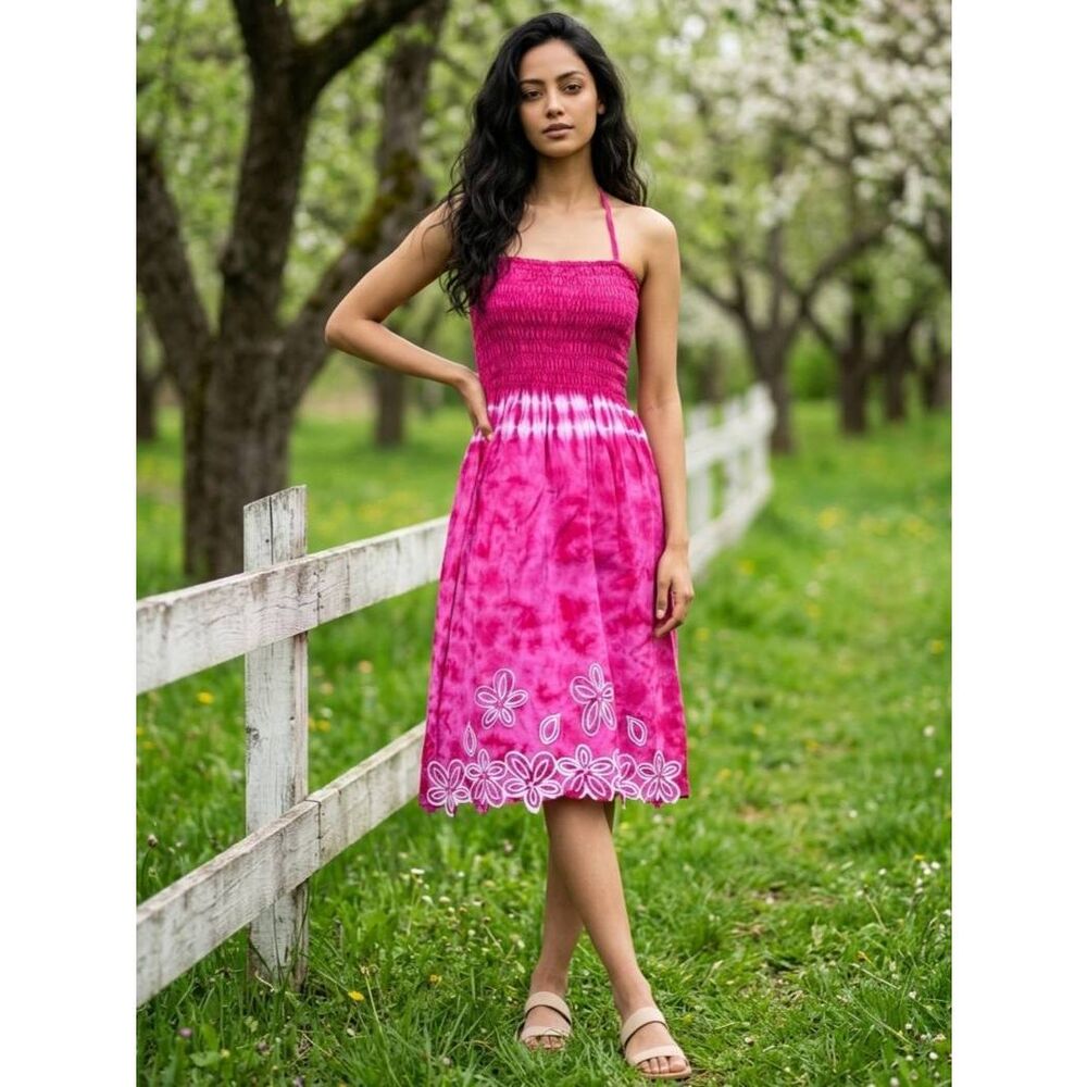 💜Pink Tie Dye Embroidered Floral Halter Neck Strapless Dress Small